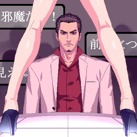 zen, kiryu kazuma, ryuu ga gotoku (series), lowres, 1boy, 1girl, beard, deadpan, facial hair, formal clothes, high heels, kneepits, legs, manly, shoes, solo focus, stripper, suit