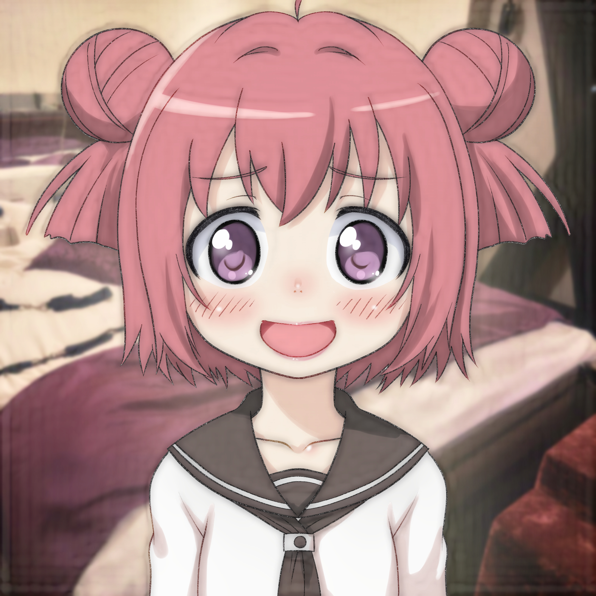 t jiroo (ringofriend), akaza akari, yuruyuri, highres, 1girl, ahoge, bed, black neckerchief, blanket, blush, collarbone, double bun, hair bun, hotel room, long sleeves, looking at viewer, neckerchief, open mouth, photo background, pillow, purple eyes, red hair, school uniform, shirt, short hair, smile, standing, twintails, upper body, white shirt
