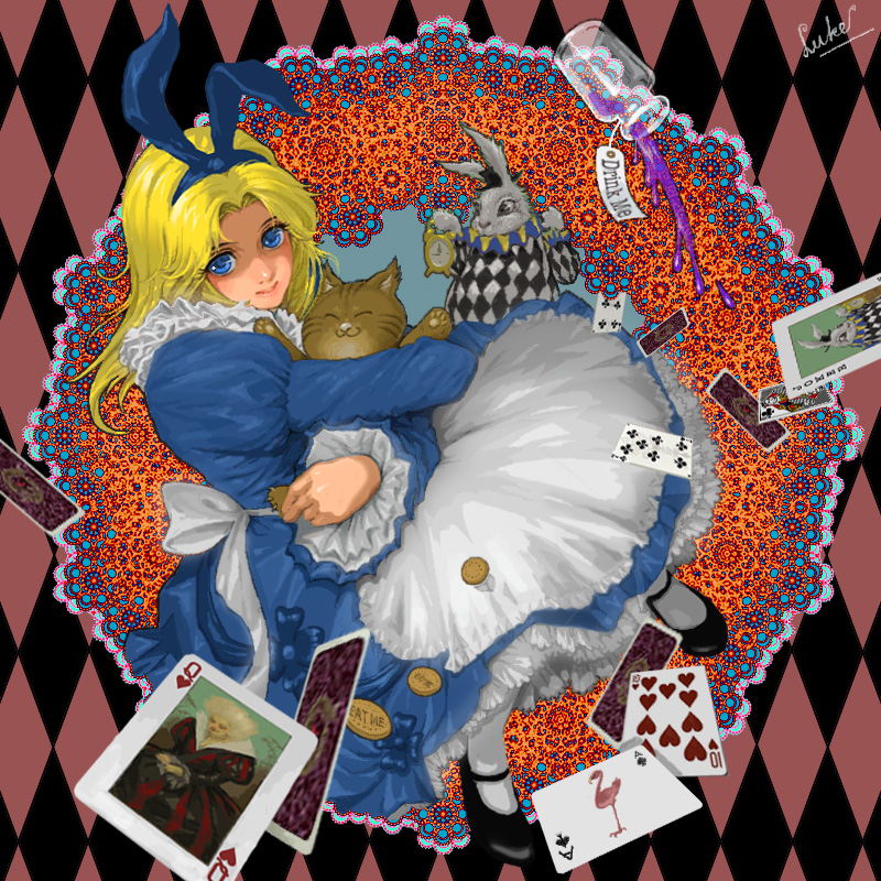 luke uehara, alice (alice in wonderland), cheshire cat (alice in wonderland), white rabbit (alice in wonderland), alice's adventures in wonderland, 1girl, apron, blonde hair, card, dress, floating card, hairband, lingerie, mary janes, pantyhose, petticoat, shoes, underwear, white pantyhose