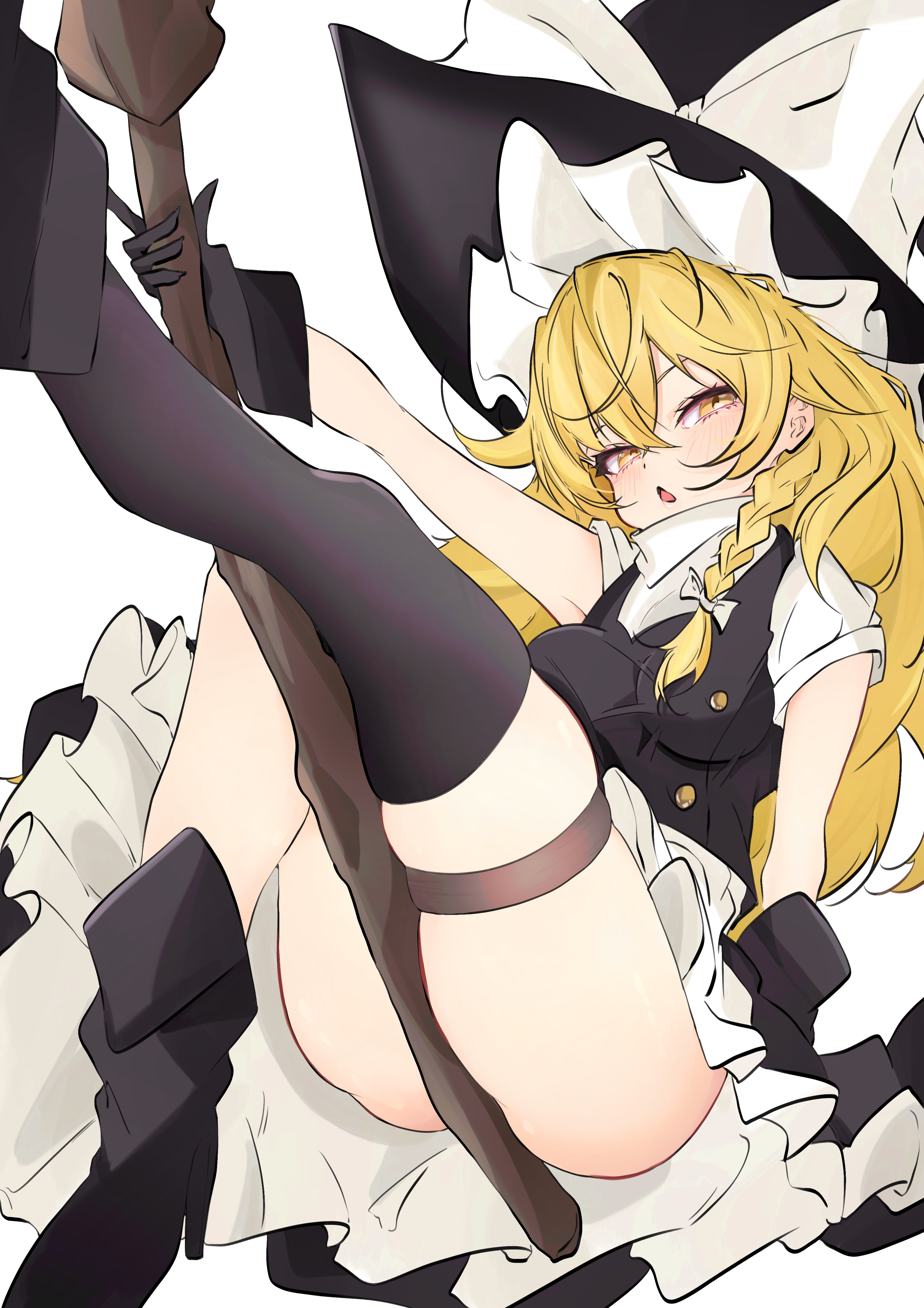 unanooo (fthx7532), kirisame marisa, touhou, absurdres, highres, 1girl, black gloves, black skirt, black thighhighs, black vest, blonde hair, blush, bow, braid, breasts, broom, broom riding, gloves, hat, hat bow, holding, holding broom, large breasts, looking at viewer, open mouth, shirt, short sleeves, simple background, single thighhigh, skindentation, skirt, solo, thigh strap, thighhighs, thighs, vest, white background, white shirt, witch hat, yellow eyes