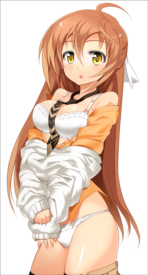 char, original, 1girl, ahoge, bra, breasts, brown hair, cleavage, female focus, large breasts, lingerie, long hair, necktie, panties, solo, sweater, underwear, undressing, yellow eyes