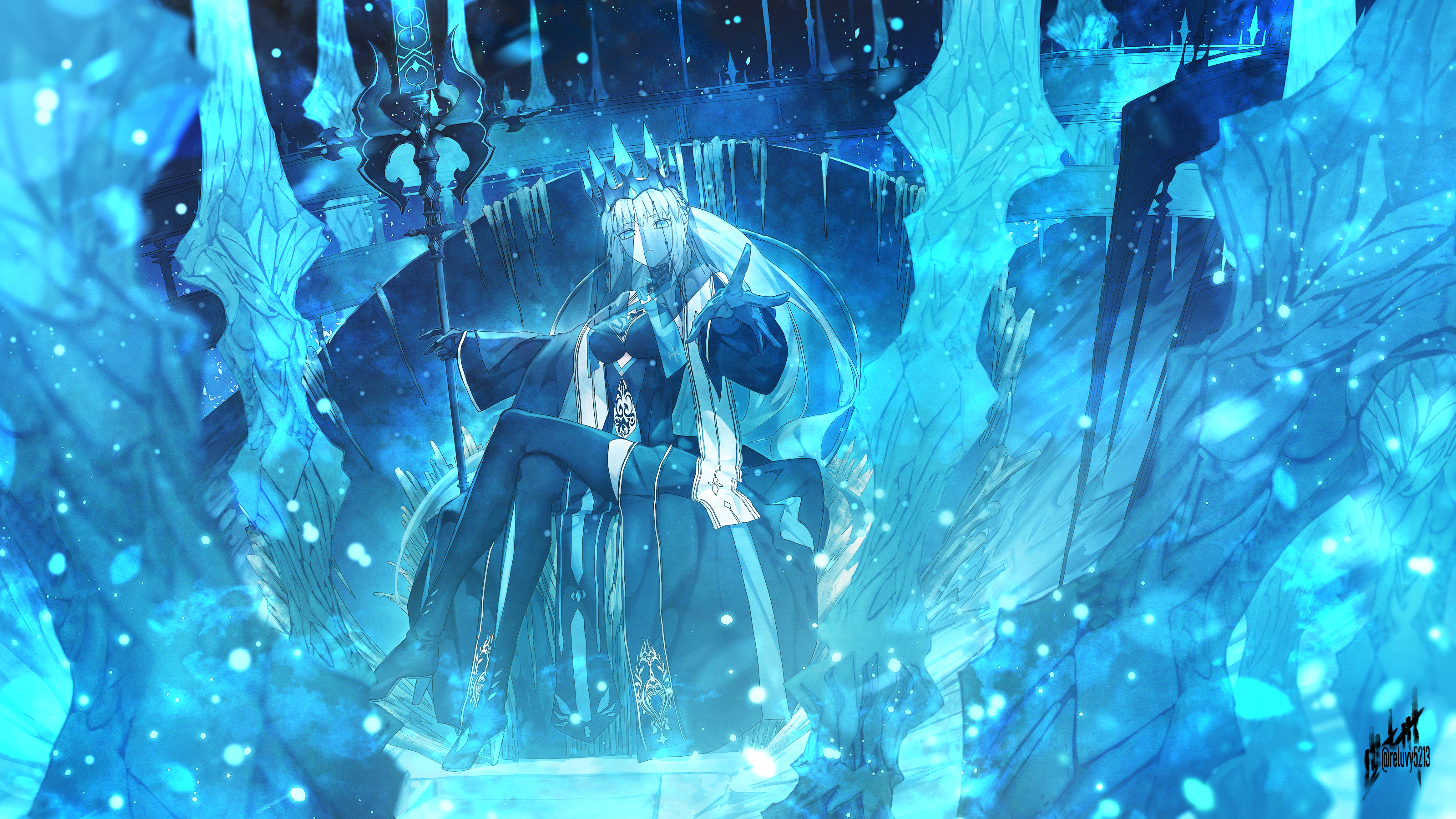 reluvy, morgan le fay (fate), morgan le fay (queen of winter) (fate), fate/grand order, fate (series), absurdres, highres, 1girl, black dress, black gloves, black thighhighs, blue dress, blue eyes, braid, breasts, crossed legs, crown, dress, gloves, grey hair, large breasts, long hair, long sleeves, looking at viewer, pelvic curtain, ponytail, sidelocks, sitting, solo, staff, stole, thighhighs, throne, two-tone dress, veil, very long hair, wide sleeves