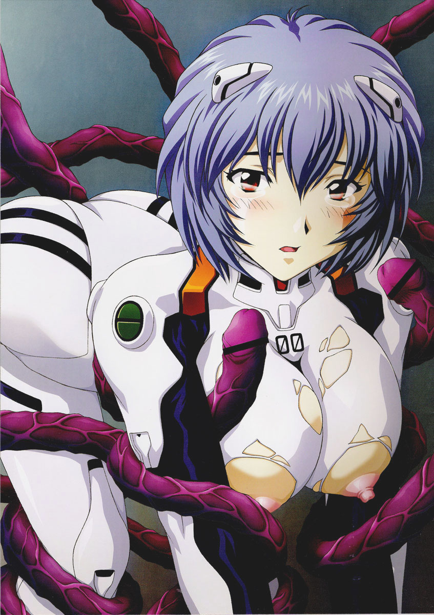 ayanami rei, neon genesis evangelion, highres, 1girl, blue hair, blush, breasts, censored, covered erect nipples, doggystyle, interface headset (evangelion), large breasts, looking at viewer, mecha pilot suit, nipples, plugsuit (evangelion), rape, red eyes, sex, sex from behind, short hair, skin tight, solo, solo focus, tears, tentacle sex, tentacles, torn clothes