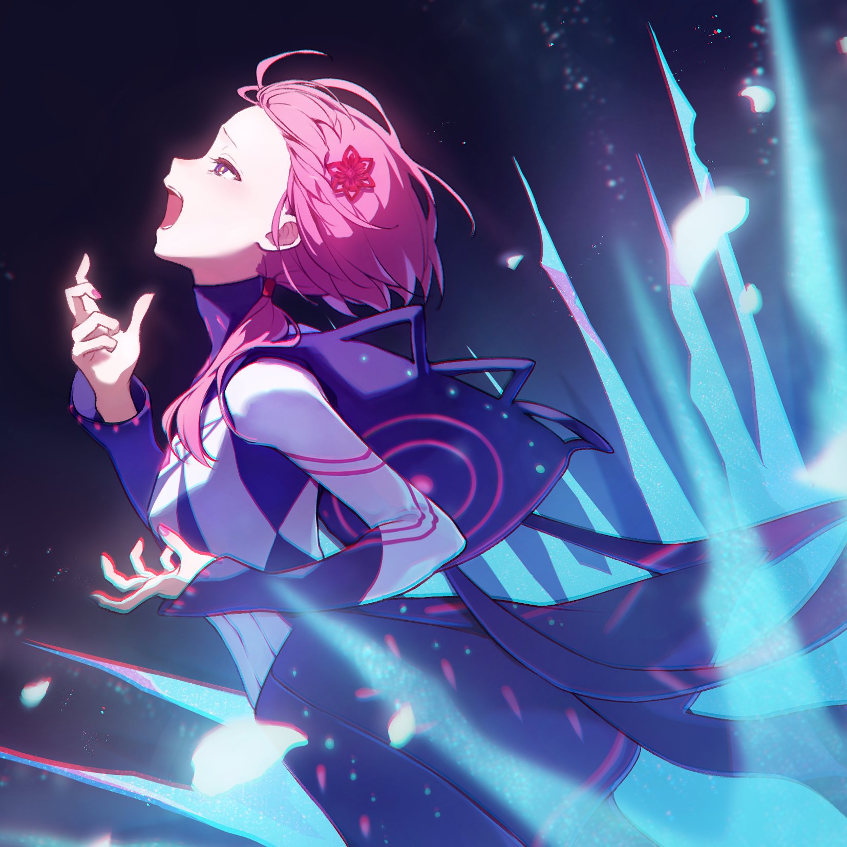 memori (egachachachan), kaf (kamitsubaki studio), kamitsubaki studio, commentary request, highres, 1girl, blue eyes, blue jacket, forehead, from side, hair ornament, hands up, hood, hood down, hooded jacket, jacket, long hair, long sleeves, looking up, multicolored jacket, open mouth, pink hair, solo, twintails, virtual youtuber, white jacket, yellow pupils