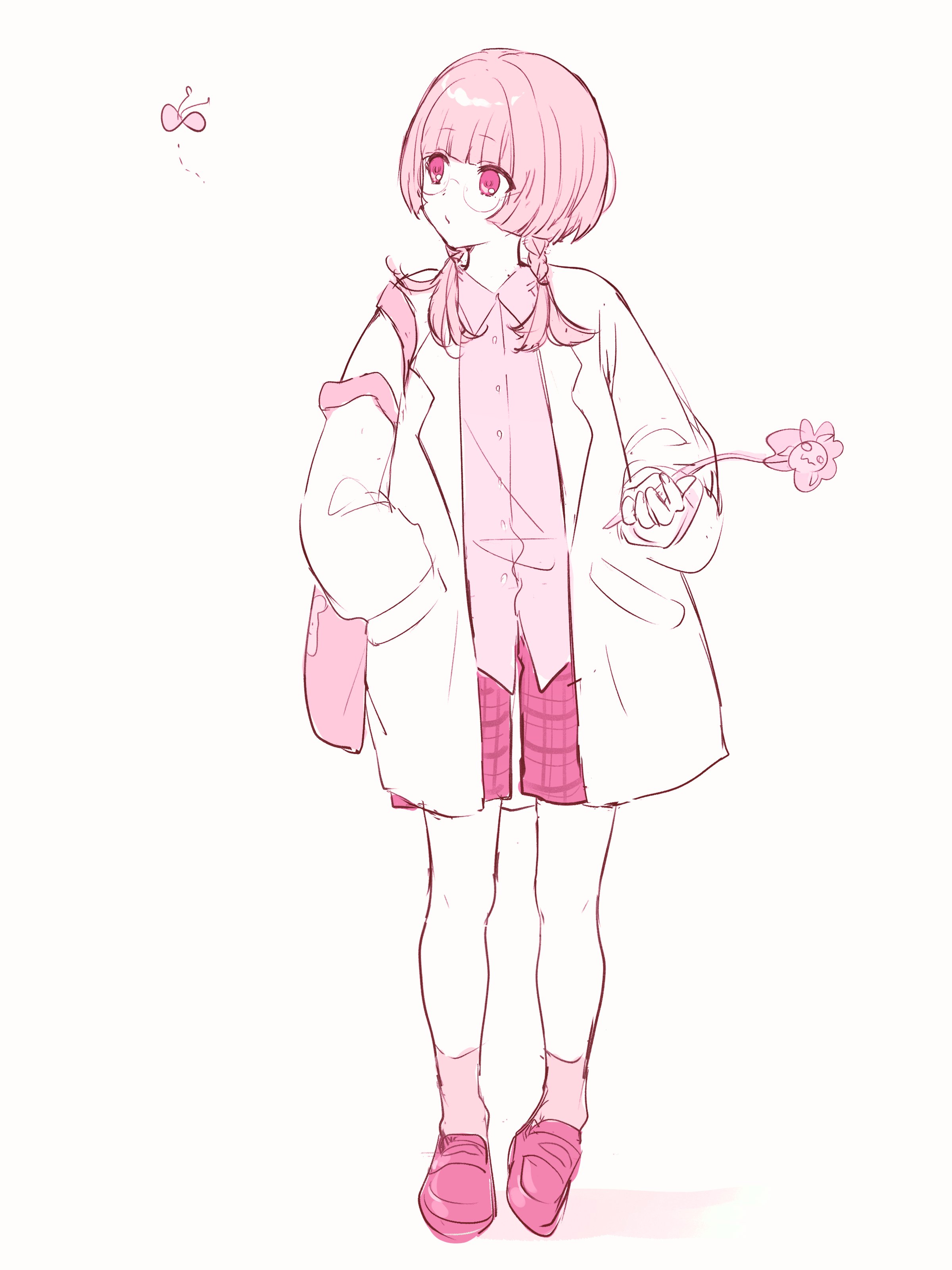 memori (egachachachan), kaf (kamitsubaki studio), kamitsubaki studio, absurdres, commentary request, highres, 1girl, bag, bespectacled, braid, bug, butterfly, collared shirt, dress shirt, flower, full body, glasses, hand in pocket, holding, holding flower, insect, jacket, long hair, looking at animal, monochrome, pink theme, plaid clothes, plaid shorts, round eyewear, shirt, shoes, shorts, shoulder bag, simple background, socks, solo, twin braids, virtual youtuber, white background