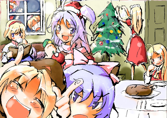 bakenekomata, alice margatroid, louise (touhou), mai (touhou), sara (touhou), sariel (touhou), shinki (touhou), yuki (touhou), yumeko (touhou), highly responsive to prayers, mystic square, touhou, touhou (pc-98), bad id, bad pixiv id, 6+girls, ahoge, angel, blonde hair, book, christmas, christmas tree, demon, drink, female focus, long hair, maid, multiple girls, oekaki, open book, purple eyes, reading, red eyes, wings, witch
