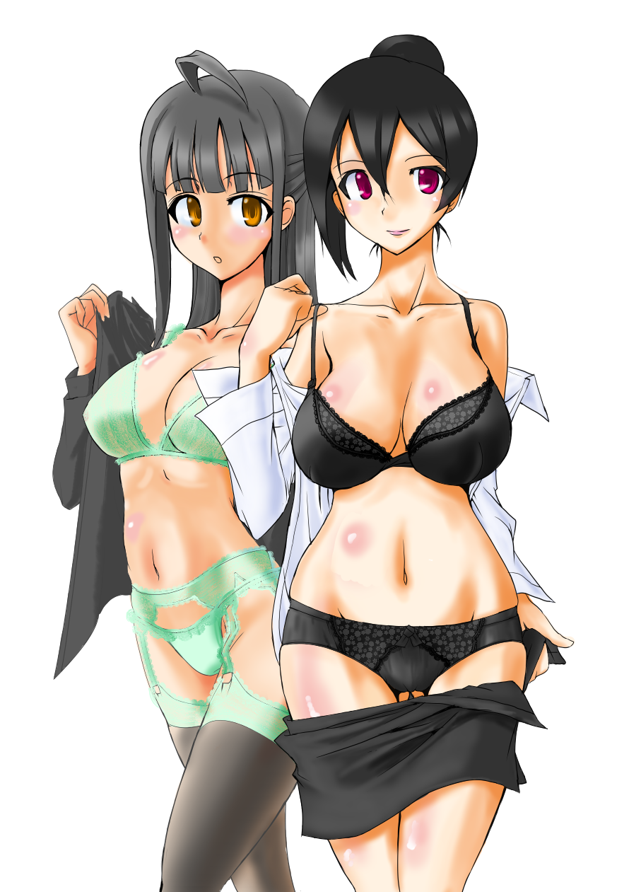 minami kotori's mother, yazawa nico's mother, love live!, 2girls, black bra, black panties, bra, breasts, cleavage, green bra, green panties, multiple girls, panties, underwear