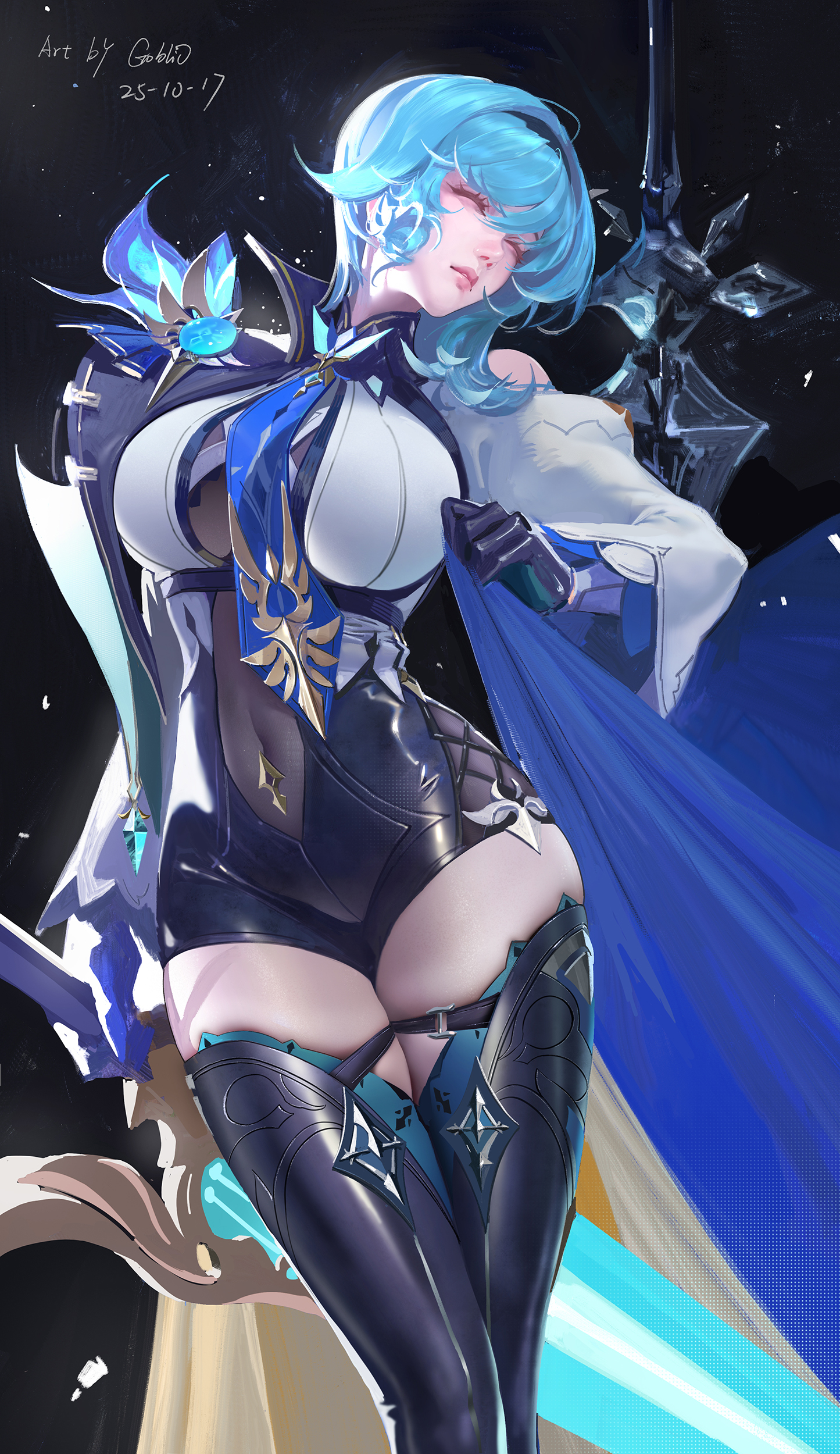mr goblin, eula (genshin impact), genshin impact, absurdres, highres, 1girl, black background, black gloves, black hairband, blue cape, blue hair, blue necktie, boots, breasts, cape, cape hold, chest harness, closed eyes, closed mouth, dated, gloves, greatsword, hairband, harness, high-waist shorts, holding, holding sword, holding weapon, large breasts, light particles, medium hair, necktie, shorts, solo, song of broken pines (genshin impact), sword, thigh boots, thighs, vision (genshin impact), weapon