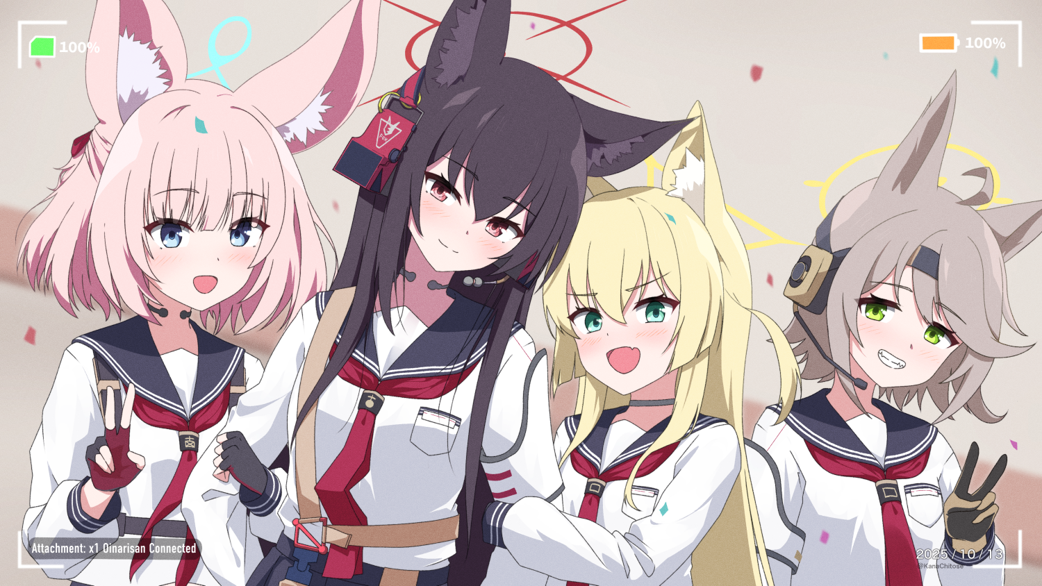 chitose kana (kanachitose), kurumi (blue archive), niko (blue archive), otogi (blue archive), yukino (blue archive), blue archive, animal ears, blonde hair, blue eyes, blue sailor collar, brown gloves, brown hair, fox ears, fox girl, fox platoon (blue archive), gloves, green eyes, grey gloves, halo, neckerchief, pink hair, red eyes, red gloves, red neckerchief, sailor collar, shirt, two-tone gloves, white shirt