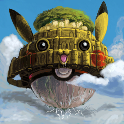 sakkan, pikachu, nintendo, pokemon, studio ghibli, tenkuu no shiro laputa, lowres, :3, cloud, crossover, day, gen 1 pokemon, no humans, parody, poke ball, pokemon (creature), what