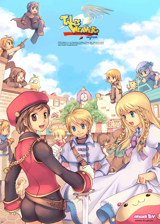 tiv, ispin charles, lucian kaltz, maximin liebkne, mila nebraska, nayatrei, sivelin uuo, tichiel juspian, nexon, softmax, tales weaver, small pupils, archived source, character request, commentary, commentary request, english commentary, official art, photoshop (medium), 1girl, 4leaf, :d, aqua headband, baby animal, badge, belt, beret, black boots, black gloves, black pants, black shirt, black shorts, black sleeves, blue dress, blue eyes, blue gloves, blue scarf, blue sky, blue sleeves, boots, bow, braid, breasts, brick wall, brown belt, brown cloak, brown coat, brown gloves, brown hair, brown skirt, brown sleeves, capelet, capelet belt, cat, cloak, clock, clock tower, closed mouth, clothes lift, cloud, coat, company name, constricted pupils, cross-laced armwear, dated commentary, day, detached sleeves, dog, dress, dress lift, english text, glasses, gloves, goggles, goggles on head, green shirt, hair tie, hat, headband, high collar, holding, holding polearm, holding sword, holding weapon, jacket, jellyppi, knee boots, korean text, layered dress, layered sleeves, long hair, long skirt, long sleeves, longsword goodnight, looking at viewer, loose belt, low-braided long hair, low-tied long hair, low ponytail, medium breasts, medium dress, opaque glasses, open mouth, orange hair, outdoors, pants, pink dress, plain epaulettes, polearm, ponytail, puppy, purple bow, red bow, red hat, red jacket, scarf, shirt, short hair, short over long sleeves, short sleeves, shorts, signature, single braid, sitting, skirt, sky, sleeve cuffs, sleeveless, sleeveless jacket, slime (creature), smile, stone walkway, striped fur, sweatdrop, sword, tassel, tongue, torn clothes, torn shirt, tower, town, tunic, twin braids, twintails, very long hair, watermark, weapon, web address, white capelet, white coat, white gloves, white sleeves, white tunic