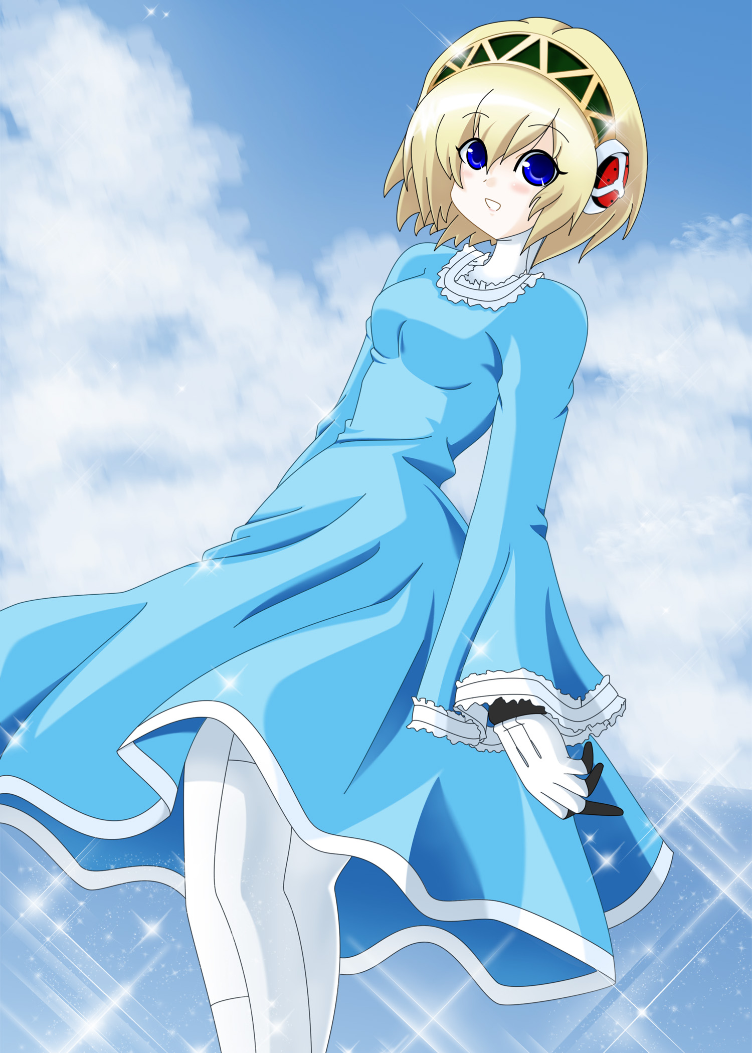 ines pramesti, aigis (persona), atlus, persona, persona 3, bad id, bad pixiv id, highres, 1girl, android, blonde hair, blue eyes, cloud, day, dress, female focus, ocean, outdoors, short hair, sky, solo, sparkle