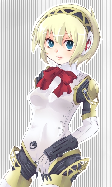 togashi (nurunuru), aigis (persona), atlus, persona, persona 3, bad id, bad pixiv id, 1girl, android, blonde hair, blue eyes, female focus, ribbon, short hair, solo
