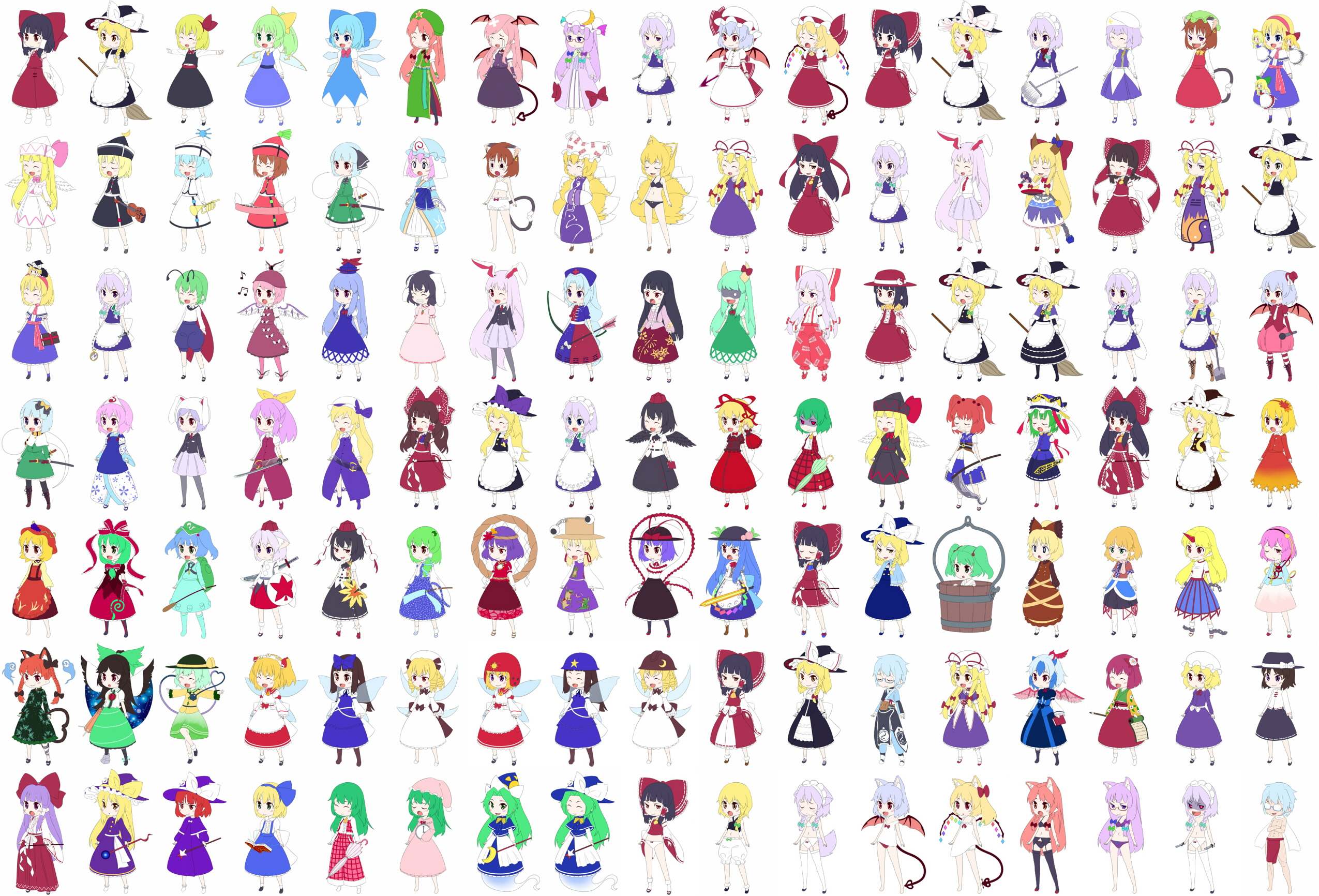 gustav (telomere na), aki minoriko, aki shizuha, alice margatroid, alice margatroid (pc-98), chen, cirno, daiyousei, ex-keine, flandre scarlet, fujiwara no mokou, hakurei reimu, hakurei reimu (pc-98), hieda no akyuu, hinanawi tenshi, hong meiling, hoshiguma yuugi, hourai doll, houraisan kaguya, ibuki suika, inaba tewi, inubashiri momiji, izayoi sakuya, kaenbyou rin, kagiyama hina, kamishirasawa keine, kawashiro nitori, kazami yuuka, kazami yuuka (pc-98), kirisame marisa, kirisame marisa (pc-98), kisume, koakuma, kochiya sanae, komeiji koishi, komeiji satori, konpaku youmu, konpaku youmu (ghost), kurodani yamame, letty whiterock, lily black, lily white, luna child, lunasa prismriver, lyrica prismriver, maribel hearn, medicine melancholy, merlin prismriver, mima (touhou), mizuhashi parsee, morichika rinnosuke, moriya suwako, mystia lorelei, nagae iku, onozuka komachi, patchouli knowledge, reisen, reisen udongein inaba, reiuji utsuho, remilia scarlet, rumia, saigyouji yuyuko, shameimaru aya, shanghai doll, shiki eiki, star sapphire, su-san, sunny milk, tokiko (touhou), usami renko, watatsuki no toyohime, watatsuki no yorihime, wriggle nightbug, yagokoro eirin, yakumo ran, yakumo yukari, yasaka kanako, highly responsive to prayers, mystic square, touhou, touhou (pc-98), highres, 6+girls, ^ ^, angel wings, animal ears, ascot, bat wings, blonde hair, blush, book, bow, broom, cat ears, cat tail, chibi, clock, closed eyes, costume, doll, dual persona, everyone, fox tail, geta, glasses, hairband, hat, hitodama, horns, japanese clothes, katana, kemonomimi mode, kimono, knife, knifed, long hair, maid, miko, multiple girls, music, one eye closed, panties, pantyhose, plaid clothes, plaid skirt, plaid vest, rabbit ears, ribbon, scarf, shaded face, short hair, singing, single horn, skirt, skirt set, sleeping, smile, surprised, sword, sword of hisou, tail, tears, tengu-geta, throwing knife, umbrella, underwear, vest, weapon, wings, wink, witch