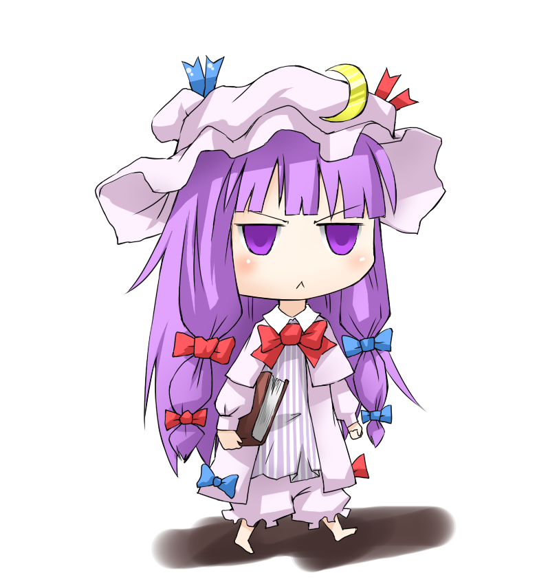 taker (artist), taker (flamestorm), patchouli knowledge, touhou, 1girl, :<, angry, barefoot, bloomers, book, chibi, crescent, crescent hat ornament, female focus, hat, hat ornament, long hair, purple eyes, purple hair, solo, underwear, walking
