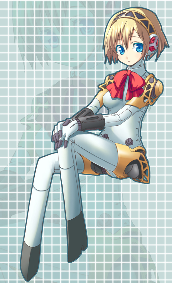 kou (garakuta teikoku), aigis (persona), atlus, persona, persona 3, 1girl, android, blonde hair, blue eyes, female focus, floating, full body, ribbon, short hair, sitting, solo, zoom layer