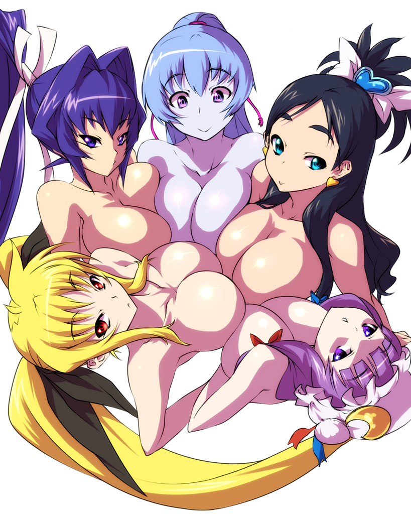 nekomamire, aoi (gegege no kitarou), cure white, fate testarossa, mitsurugi meiya, patchouli knowledge, yukishiro honoka, futari wa precure, gegege no kitarou, lyrical nanoha, mahou shoujo lyrical nanoha, muv-luv, precure, toei company, touhou, bad id, bad pixiv id, 5girls, :>, :<, black hair, blonde hair, blue eyes, blue hair, blue skin, breast press, breasts, colored skin, crossover, earrings, female focus, hair intakes, heart, huge breasts, jewelry, long hair, multiple crossover, multiple girls, nude, ponytail, purple eyes, purple hair, red eyes, simple background, smile, symmetrical docking, topless female, twintails, very long hair, yuki onna, yuri