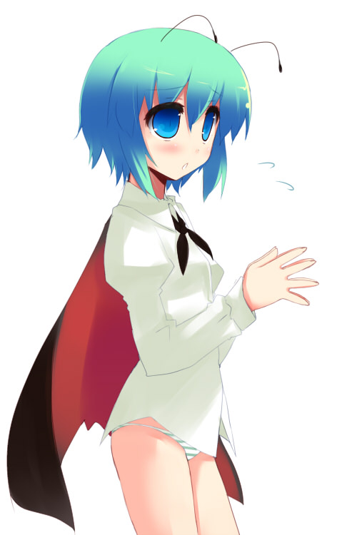 shin (new), wriggle nightbug, touhou, 1girl, antennae, blush, bottomless, female focus, green eyes, green hair, matching hair/eyes, no pants, panties, short hair, simple background, solo, striped clothes, striped panties, underwear, white background