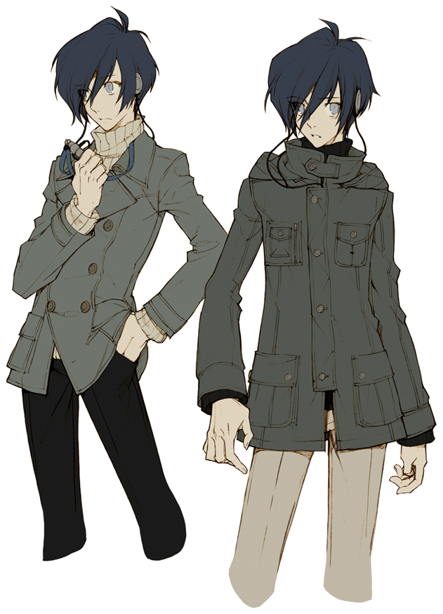 grandyoukan, yuuki makoto (persona 3), atlus, persona, persona 3, 1boy, blue eyes, blue hair, buttons, cardigan, casual, digital media player, digital walkman, earphones, grey eyes, headphones, jacket, male focus, matching hair/eyes, short hair, solo, sweater, turtleneck, walkman nw-s203f