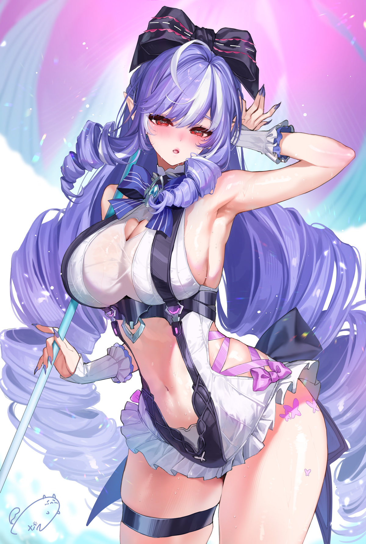 weisuoxin, vivian banshee, vivian banshee (iris of the shore), zenless zone zero, commentary request, highres, 1girl, arm up, armpits, blush, bow, breasts, clothing cutout, cowboy shot, drill hair, drill sidelocks, hair bow, heart cutout, holding, holding umbrella, large breasts, looking at viewer, navel, official alternate costume, one-piece swimsuit, open mouth, pointy ears, red eyes, sidelocks, solo, stomach, sweat, swimsuit, thigh strap, twin drills, umbrella, white background, white one-piece swimsuit, wrist cuffs