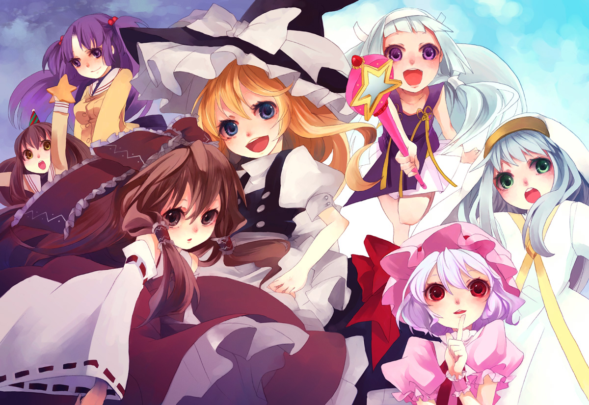 shimakoma, hakurei reimu, ibuki fuuko, ichinose kotomi, index (toaru majutsu no index), kirisame marisa, nagi, remilia scarlet, clannad, kannagi, toaru majutsu no index, touhou, habit, bad id, bad pixiv id, 00s, 6+girls, blonde hair, blue hair, brown eyes, brown hair, crossover, detached sleeves, green eyes, hair bobbles, hair ornament, hair ribbon, hat, japanese clothes, long hair, miko, multiple crossover, multiple girls, party hat, purple eyes, purple hair, red eyes, ribbon, robe, short hair, smile, starfish, wand, witch, witch hat, yellow eyes