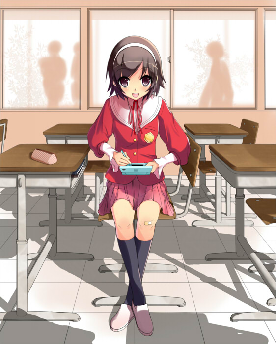 sarekoube, takahara ayumi, kami nomi zo shiru sekai, bad id, bad pixiv id, 1girl, bandaid, blush, female focus, handheld game console, nintendo ds, playing games, school uniform, short hair, skirt, solo, video game