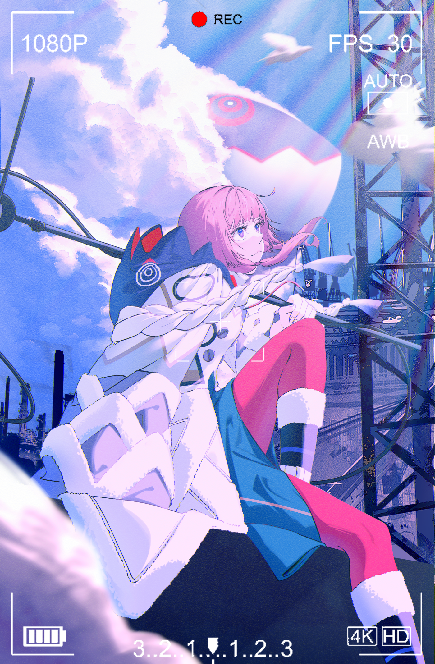 failan (gnccj01), kaf (kamitsubaki studio), kamitsubaki studio, commentary, highres, 1girl, bird, blue sky, closed mouth, cloud, cloudy sky, coat, fingernails, holding, looking up, outdoors, pantyhose, pink hair, pink pantyhose, recording, sidelocks, sitting, sky, smile, solo, virtual youtuber, white bird, white coat