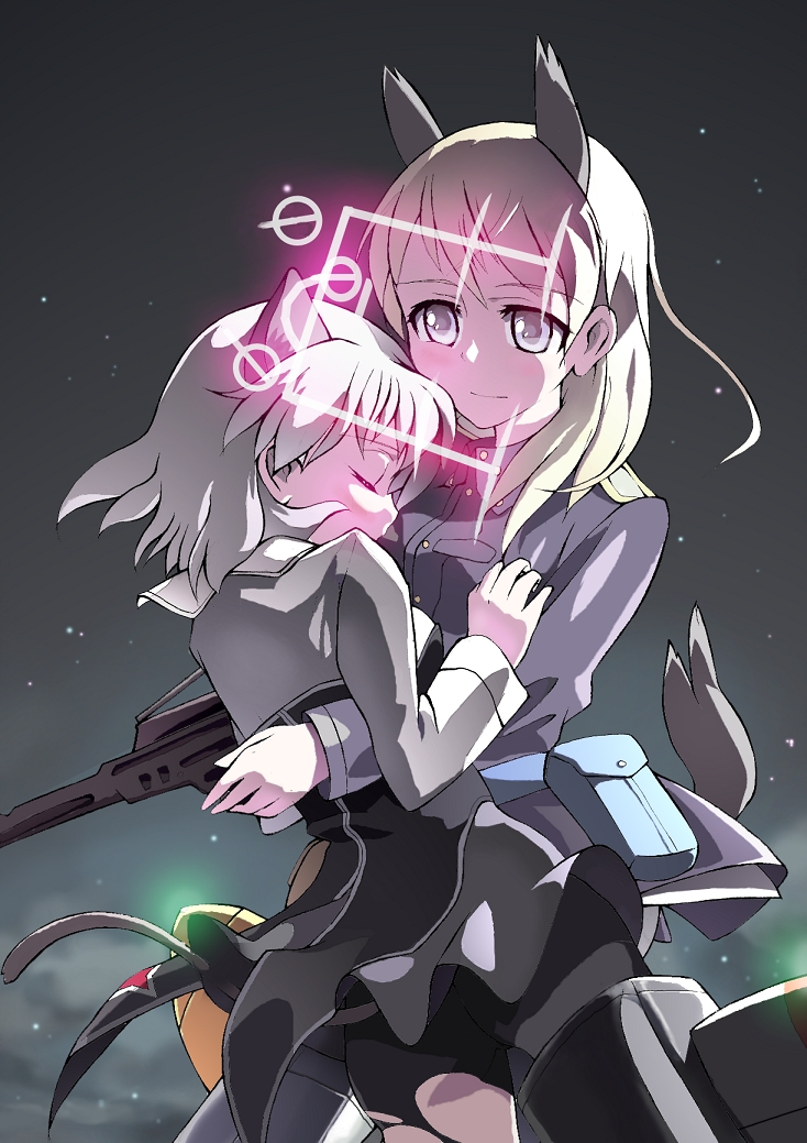 kisetsu, eila ilmatar juutilainen, sanya v. litvyak, strike witches, world witches series, uniform, bad id, bad pixiv id, 00s, 2girls, animal ears, blue eyes, gun, hirschgeweih antennas, hug, long hair, multiple girls, pantyhose, rifle, short hair, weapon, white pantyhose