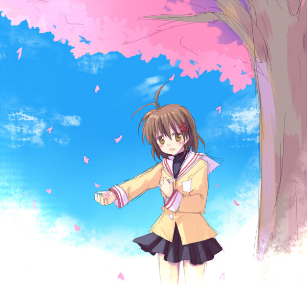 yoshi (koloio), furukawa nagisa, clannad, bad id, bad pixiv id, 00s, antenna hair, brown eyes, brown hair, cherry blossoms, petals, school uniform, short hair, solo, tree