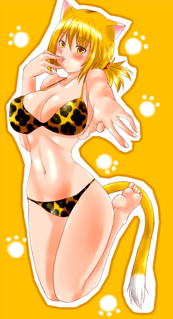 isna (footprintsofisna), original, 1girl, animal ears, animal print, bikini, cat ears, cat tail, female focus, leopard print, orange eyes, orange hair, short hair, solo, swimsuit, tail