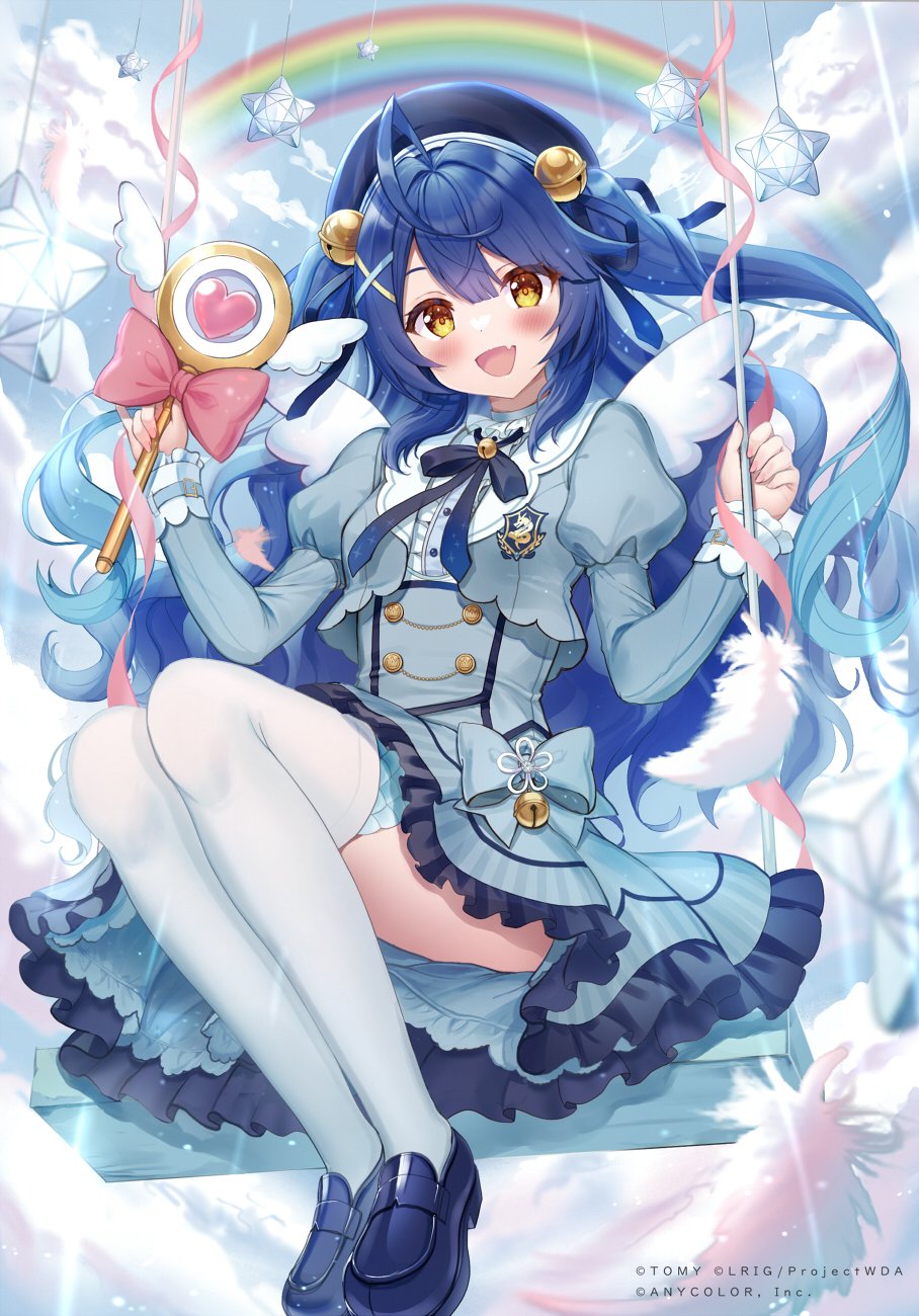 akabane (zebrasmise), amamiya kokoro, nijisanji, wixoss, commentary request, highres, official art, 1girl, bell, beret, blue hair, blush, bow, bowtie, cloud, feathers, frilled skirt, frills, hair ornament, hat, hime cut, holding, holding wand, long hair, magical girl, rainbow, shoes, skirt, sky, smile, swing, thighhighs, wand, white thighhighs, wings, yellow eyes
