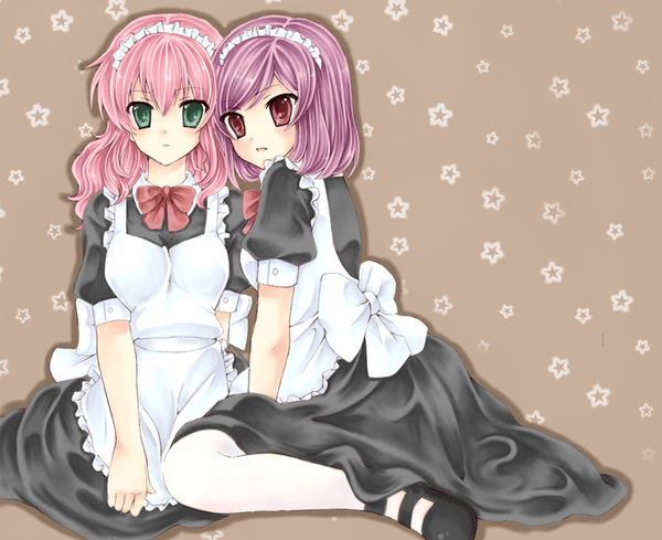 kumaneko nagisa, feldt grace, tieria erde, gundam, gundam 00, bad id, bad pixiv id, 00s, 1boy, 1girl, crossdressing, dress, green eyes, maid, pink hair, purple hair, red eyes, trap