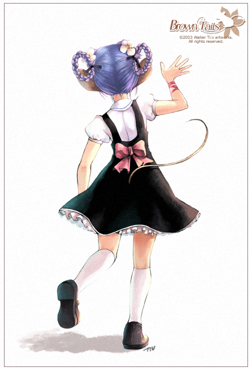 tiv, original, archived source, commentary request, korean commentary, 1girl, 2003, animal ears, arm at side, arm ribbon, artist name, back bow, black dress, black ribbon, black shoes, bow, braid, braided hair rings, brown tail, brown tails, collared shirt, copyright notice, dated, dress, dress bow, dress shoes, facing away, flower, from behind, full body, hair flower, hair ornament, hair ribbon, hair rings, half updo, kneehighs, legs apart, legs up, logo, mary janes, mouse ears, mouse girl, mouse tail, petticoat, pinafore dress, pink bow, pink ribbon, puffy short sleeves, puffy sleeves, ribbon, shirt, shoes, short sleeves, signature, simple background, sleeve cuffs, sleeveless, sleeveless dress, socks, solo, tail, waving, white background, white flower, white shirt, white socks