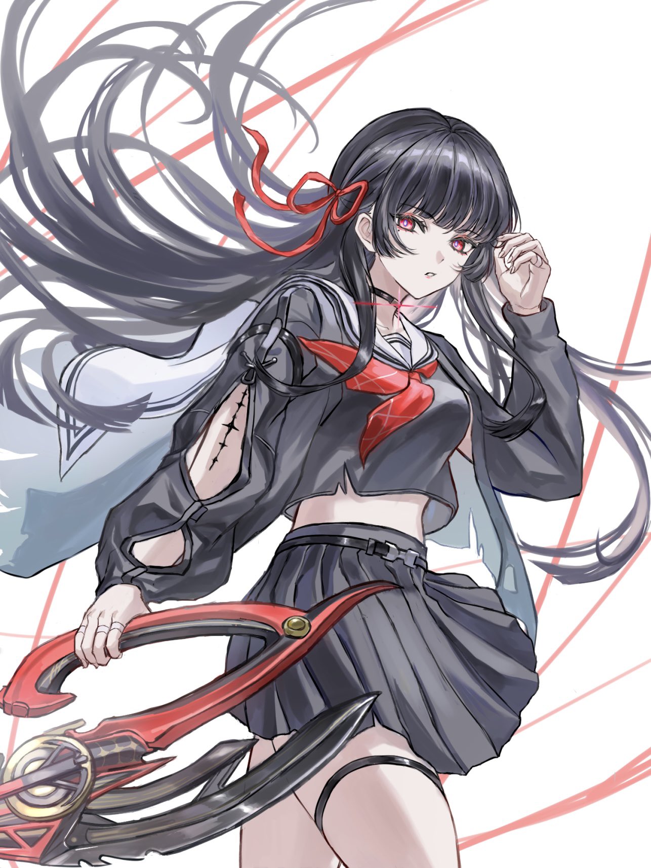 wa serin, chisa (wuthering waves), wuthering waves, commentary, highres, 1girl, arm cutout, black choker, black hair, black serafuku, black shirt, black skirt, breasts, choker, clothing cutout, crop top, fingernails, hair ribbon, hand up, holding, holding sword, holding weapon, long hair, long sleeves, looking at viewer, medium breasts, parted lips, red eyes, red ribbon, ribbon, sailor collar, school uniform, serafuku, shirt, simple background, skirt, solo, sword, tacet mark (wuthering waves), thigh strap, thighs, very long hair, weapon, white background, white sailor collar