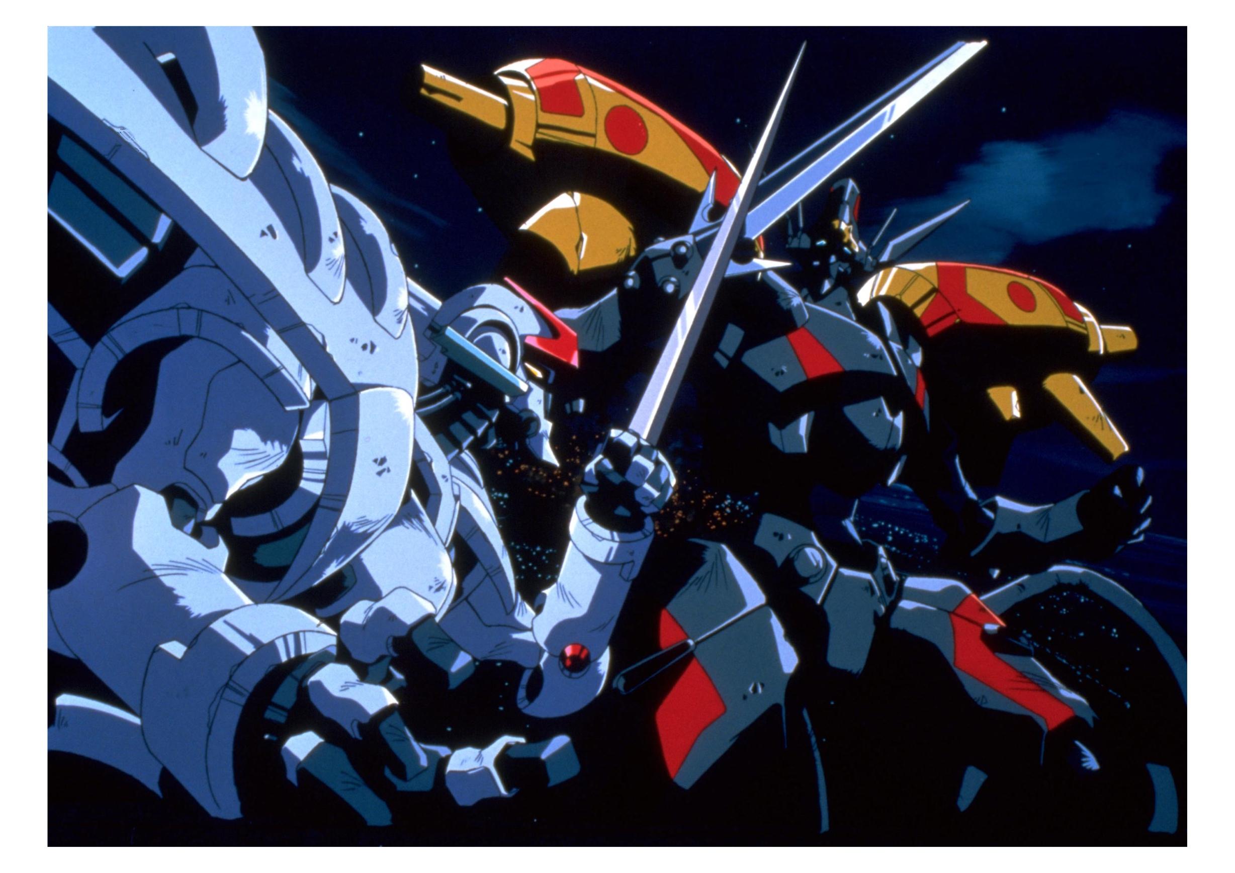 detonator lang, evoluder lang, lang, orgun, detonator orgun, highres, official art, 1990s (style), mecha, no humans, retro artstyle, robot
