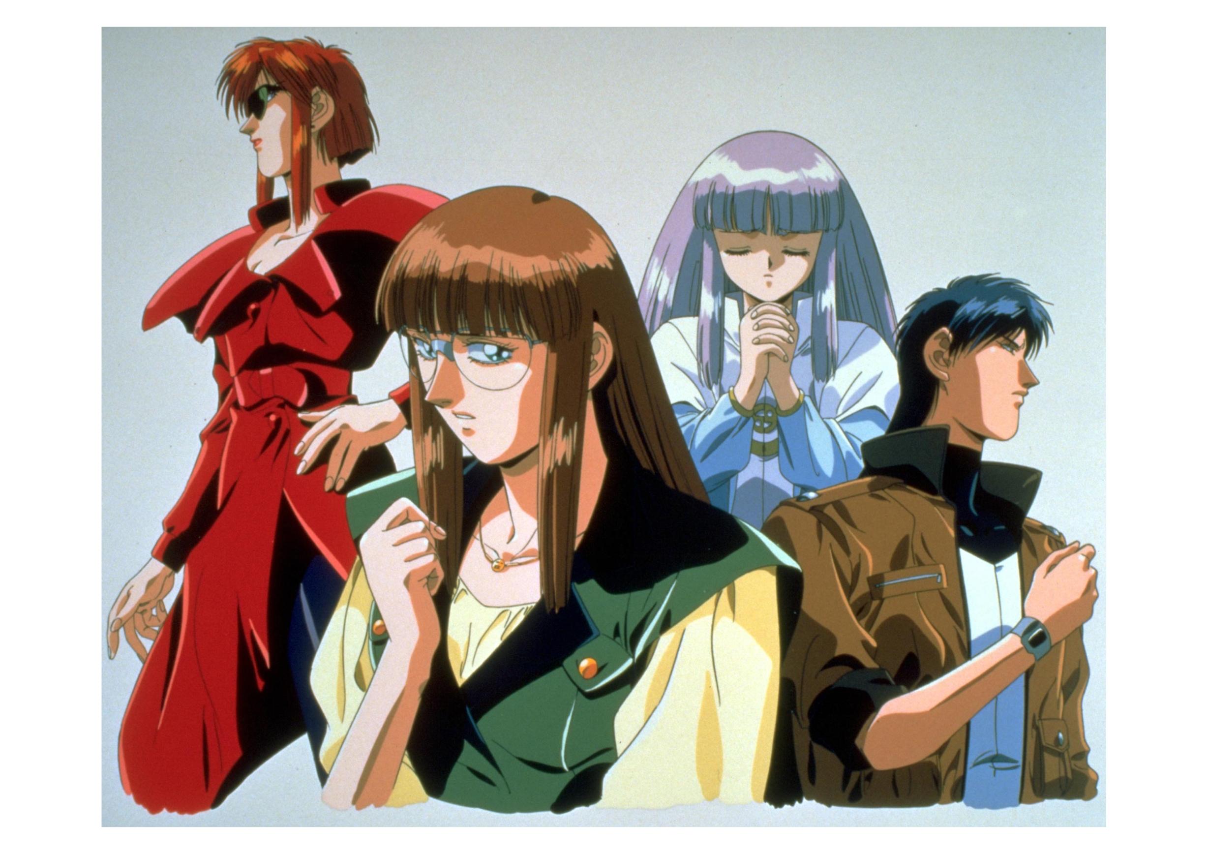kanzaki michi, kumi jefferson, michi kanzaki, mitsurugi youko, shindou tomoru, detonator orgun, highres, official art, 1990s (style), 1boy, 3girls, multiple girls, retro artstyle