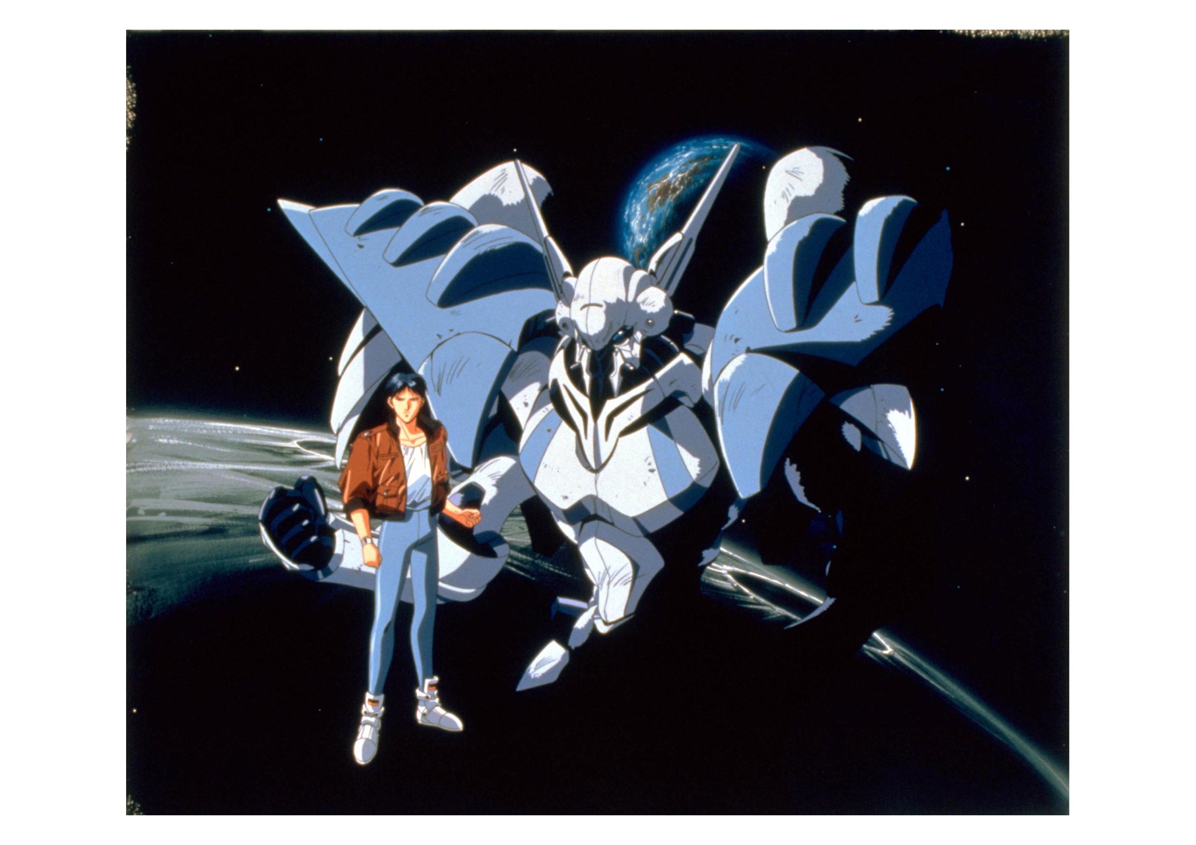 orgun, shindou tomoru, detonator orgun, highres, official art, 1990s (style), 1boy, earth (planet), mecha, moon, planet, retro artstyle, robot, space