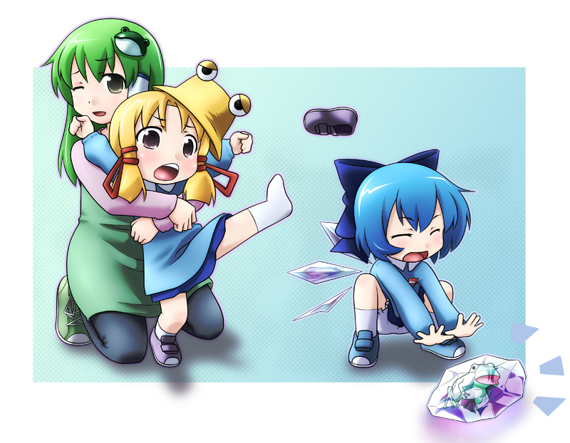 kusaba, kusaba (kusabashiki), cirno, kochiya sanae, moriya suwako, touhou, 3girls, bloomers, female focus, frog, hat, multiple girls, shoes, single shoe, tears, white bloomers