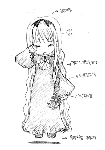 tiv, original, archived source, commentary request, graphite (medium), traditional media, arrow (symbol), ascot, bow, crying, dandelion, dress, dress bow, floating, flower, greyscale, hairband, hand over eye, holding, holding flower, korean text, lace, lace-trimmed ascot, lace-trimmed dress, lace-trimmed sleeves, lace trim, legs apart, levitation, long dress, long hair, long sleeves, monochrome, no nose, open mouth, ribbon, shoes, simple background, very long hair, wavy hair, white background, wide sleeves