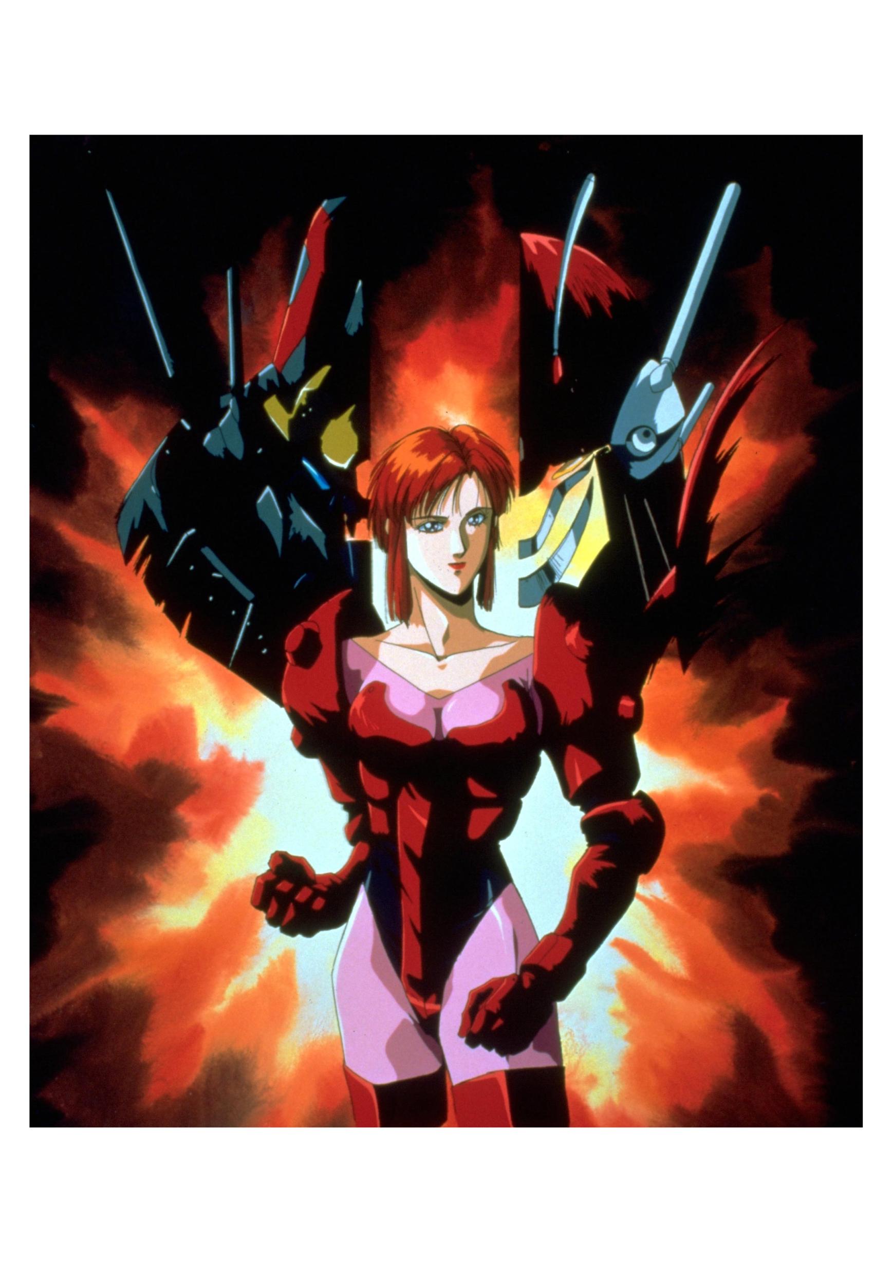 evoluder lang, evoluder leave, mitsurugi youko, detonator orgun, pilot suit, absurdres, highres, official art, 1990s (style), 1girl, female focus, mecha, retro artstyle, robot, solo