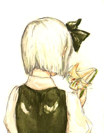 kinakoko, konpaku youmu, touhou, silver hair, 1girl, black ribbon, female focus, flower, from behind, hair ribbon, hairband, puffy short sleeves, puffy sleeves, ribbon, short hair, short sleeves, simple background, solo, upper body, vest, white background