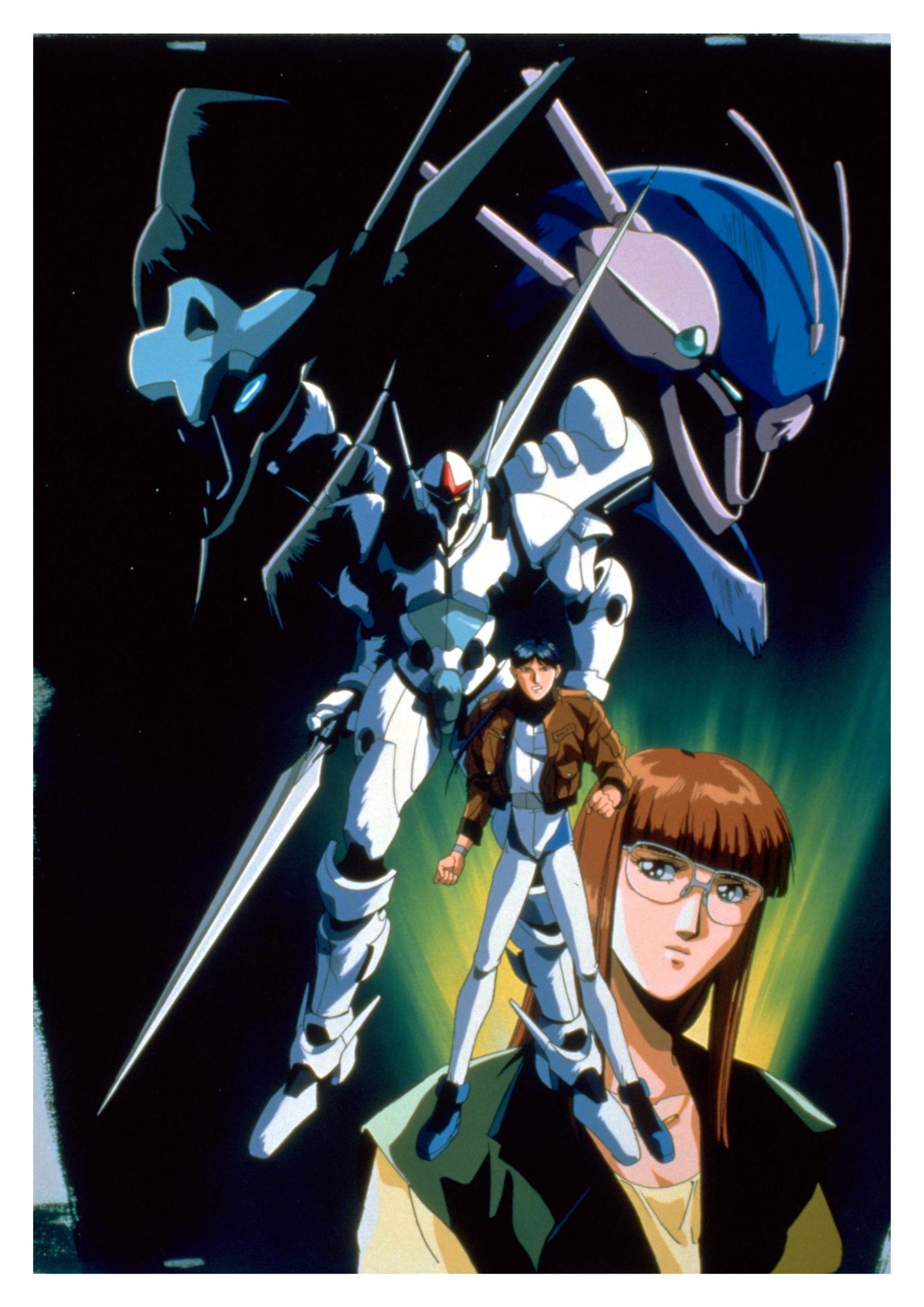 evoluder lang, evoluder leave, kanzaki michi, michi kanzaki, orgun, shindou tomoru, detonator orgun, absurdres, highres, official art, 1990s (style), 1boy, 1girl, mecha, retro artstyle, robot