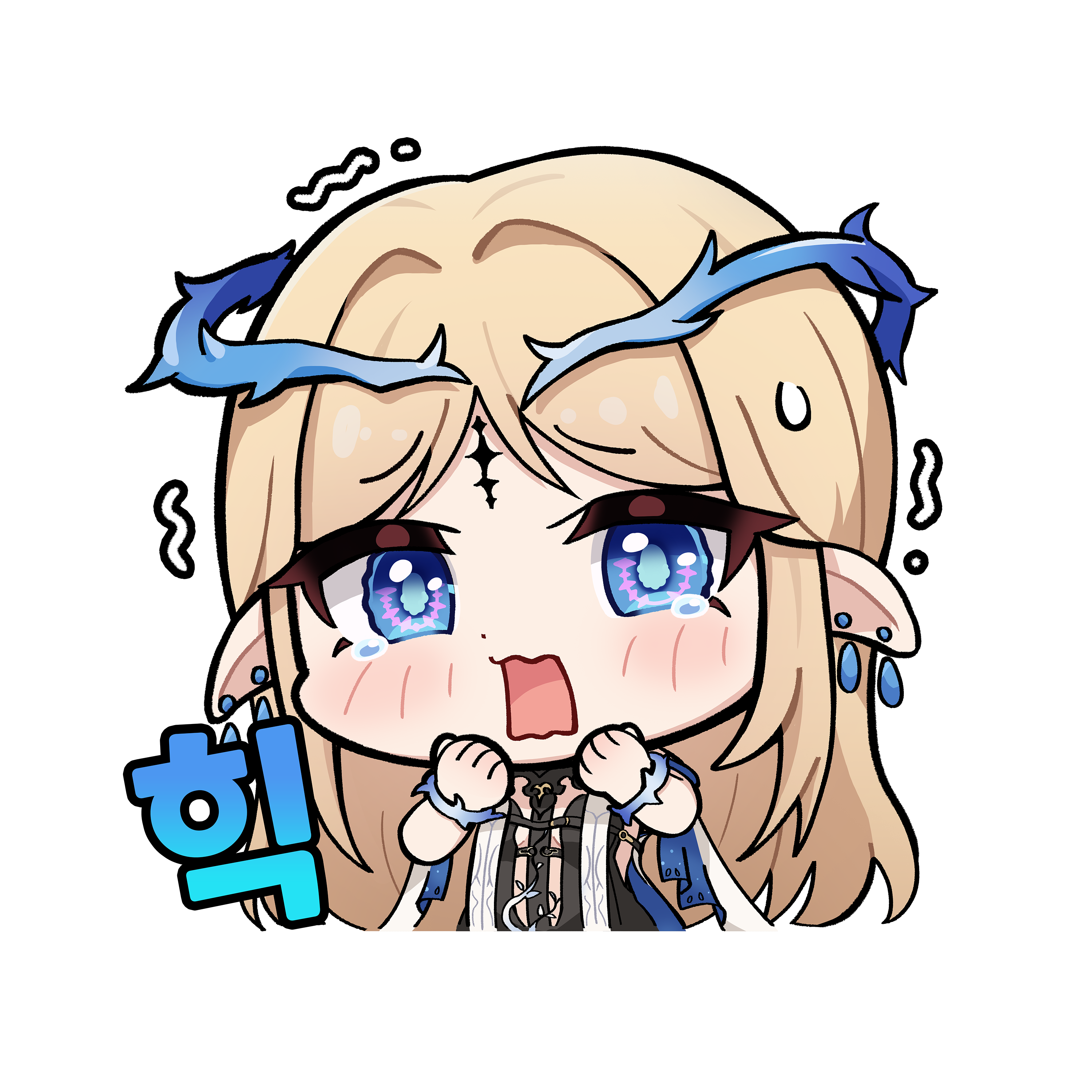 cartethyia (wuthering waves), wuthering waves, absurdres, commentary, highres, 1girl, black dress, blonde hair, blue eyes, breasts, chibi, chibi only, crown of thorns, dress, earrings, hands up, jewelry, long hair, looking at viewer, multiple earrings, open mouth, parted bangs, pointy ears, sidelocks, simple background, small breasts, solo, tacet mark (wuthering waves), tearing up, upper body, white background, yami (yami56 u)