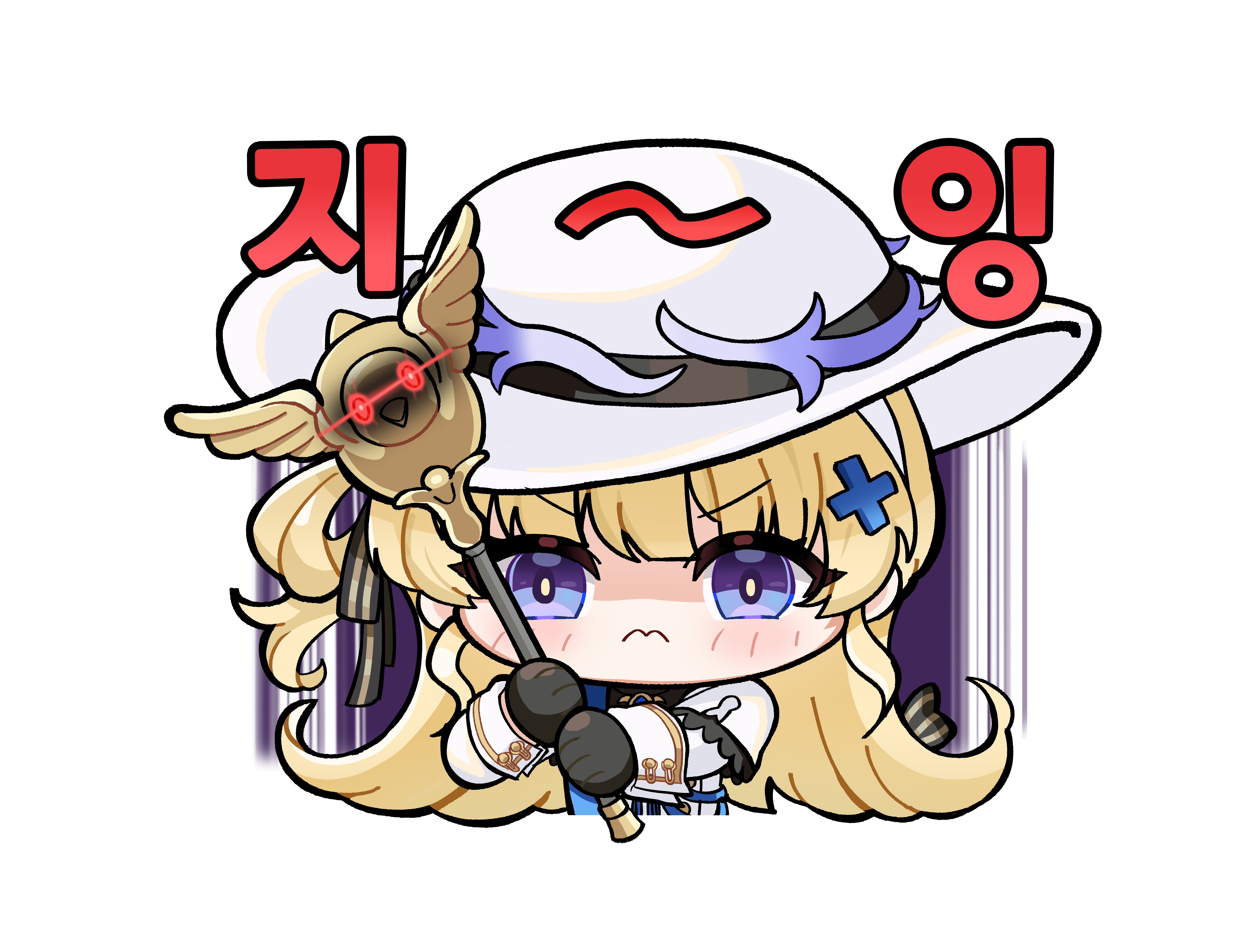 phoebe (wuthering waves), wuthering waves, absurdres, commentary, highres, 1girl, 3:, black gloves, blonde hair, blue eyes, chibi, chibi only, closed mouth, gloves, hair ornament, hat, holding, holding staff, long hair, long sleeves, looking at viewer, shirt, solo, staff, upper body, v-shaped eyebrows, white hat, white shirt, x hair ornament, yami (yami56 u)