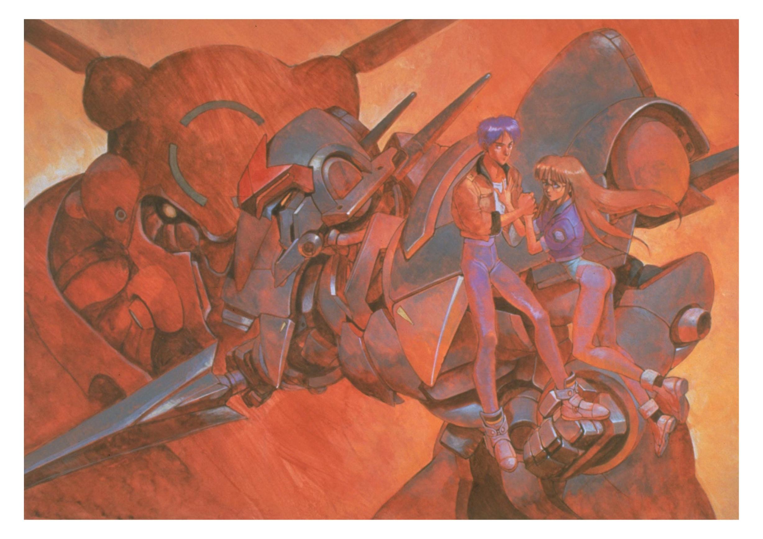 kanzaki michi, michi kanzaki, orgun, shindou tomoru, detonator orgun, highres, official art, 1990s (style), 1boy, 1girl, mecha, retro artstyle, robot