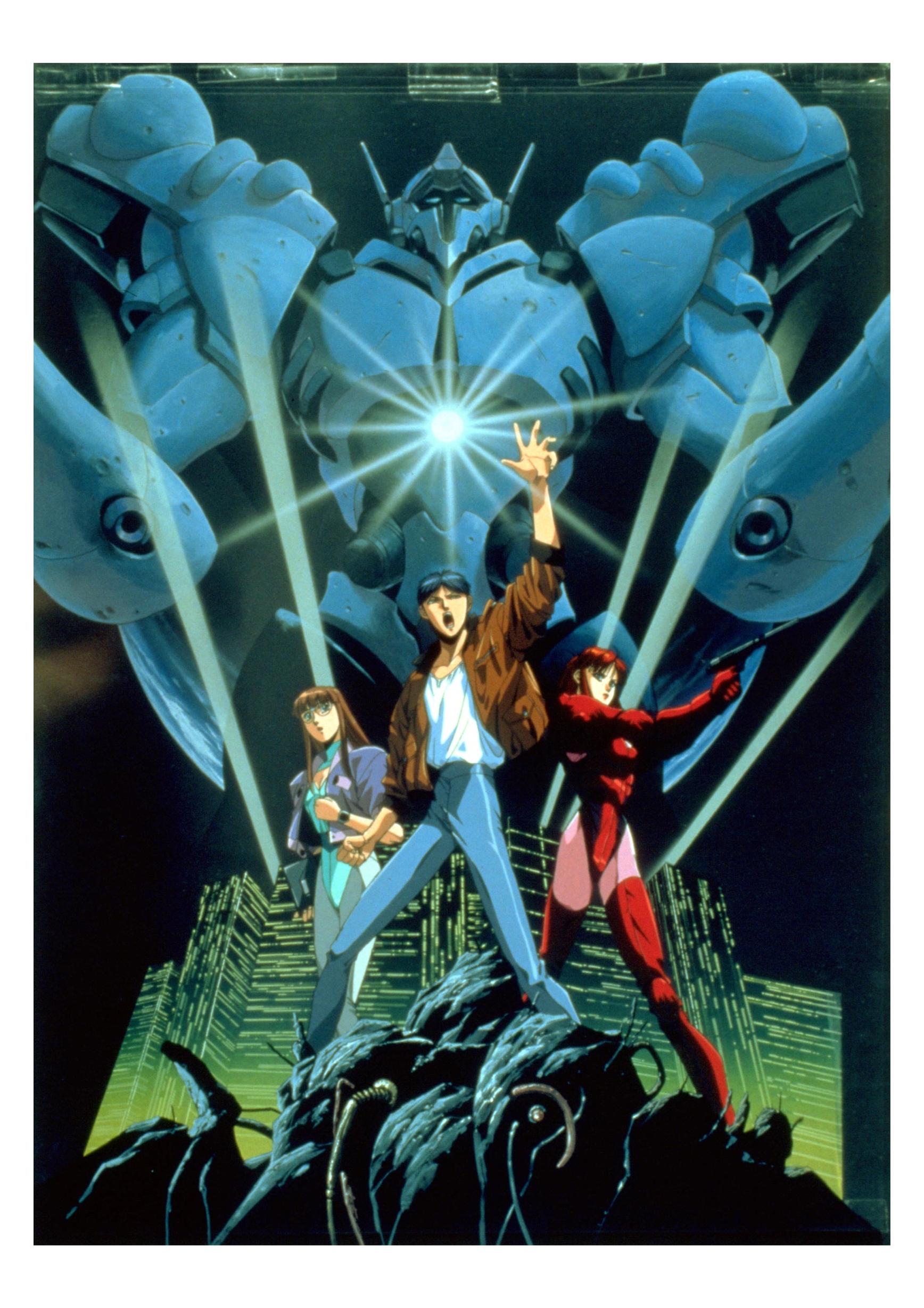 kanzaki michi, michi kanzaki, mitsurugi youko, orgun, shindou tomoru, detonator orgun, pilot suit, absurdres, highres, official art, 1990s (style), 1boy, 2girls, mecha, multiple girls, retro artstyle, robot