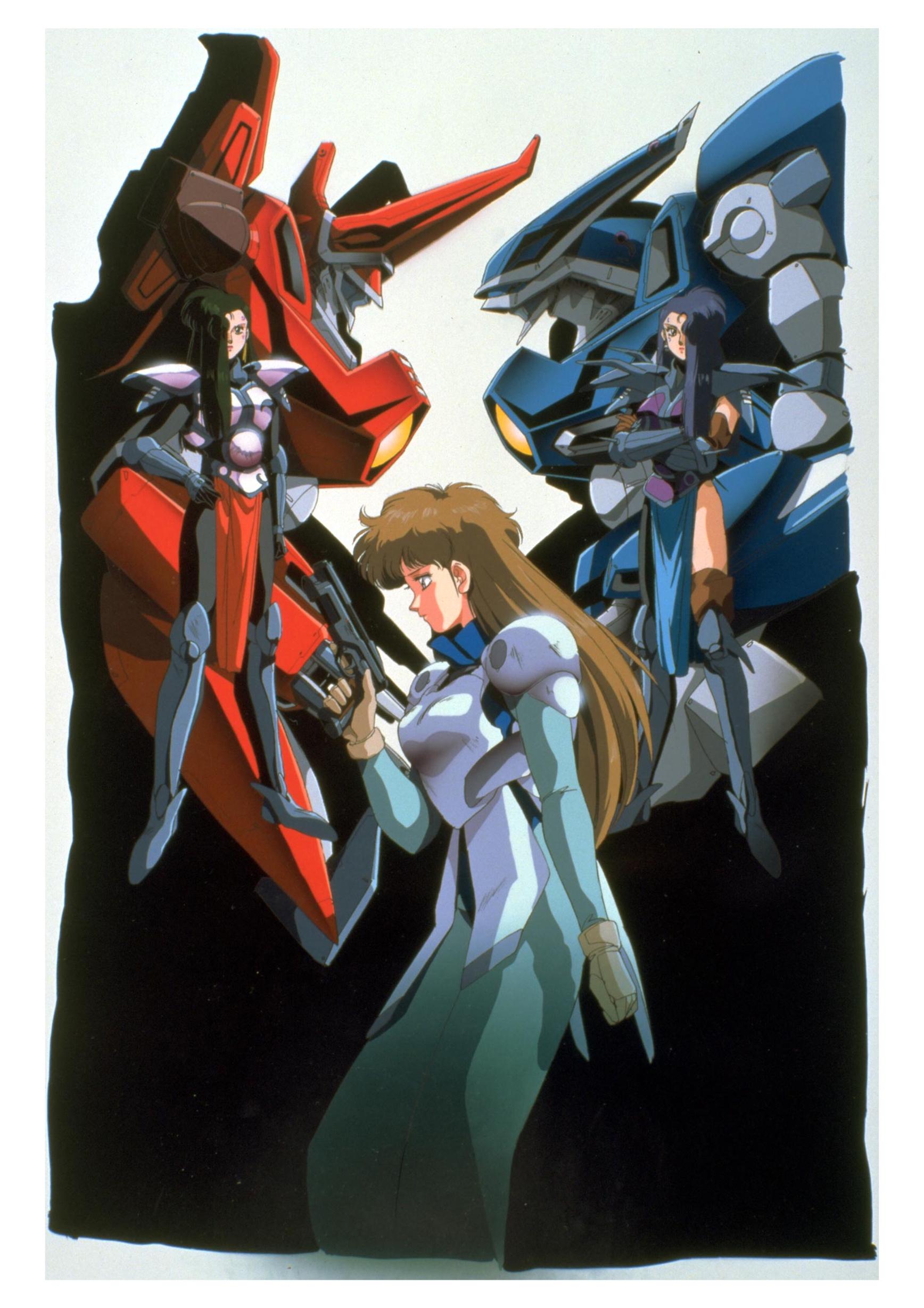 breist of the fire, gallowin of the water, himuro miku, shi-aen (hades project zeorymer), shi-tau (hades project zeorymer), hades project zeorymer, pilot suit, absurdres, highres, 3girls, mecha, multiple girls, robot