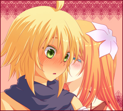 daybreak, emil castagnier, marta lualdi, tales of (series), tales of symphonia, tales of symphonia: dawn of the new world, lowres, 00s, 1boy, 1girl, blonde hair, blush, brown hair, couple, flower, green eyes, hair ornament, hetero, kiss, long hair, scarf, surprised