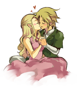 mutsuki kaya, link, princess zelda, nintendo, the legend of zelda, lowres, 1boy, 1girl, blonde hair, blush, breasts, couple, dress, elf, heart, hetero, kiss, long hair, pink dress, pointy ears, smile
