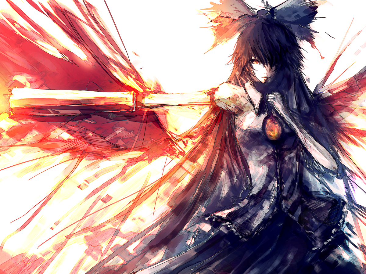 iori yakatabako, reiuji utsuho, touhou, 1girl, arm cannon, black hair, bow, female focus, hair bow, hair over one eye, hand on own chest, long hair, looking at viewer, outstretched arm, red eyes, skirt, solo, very long hair, weapon, wings